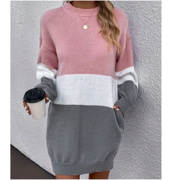 checkered dress clothing Oversize Drop Shoulder Slouchy Sweater Dress – Blue Zone Planet main image 1
